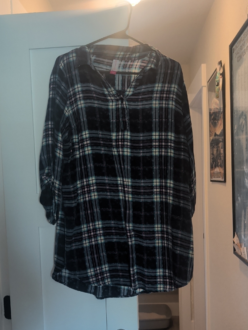 Blue Pink and White Plaid Button-Front Shirt